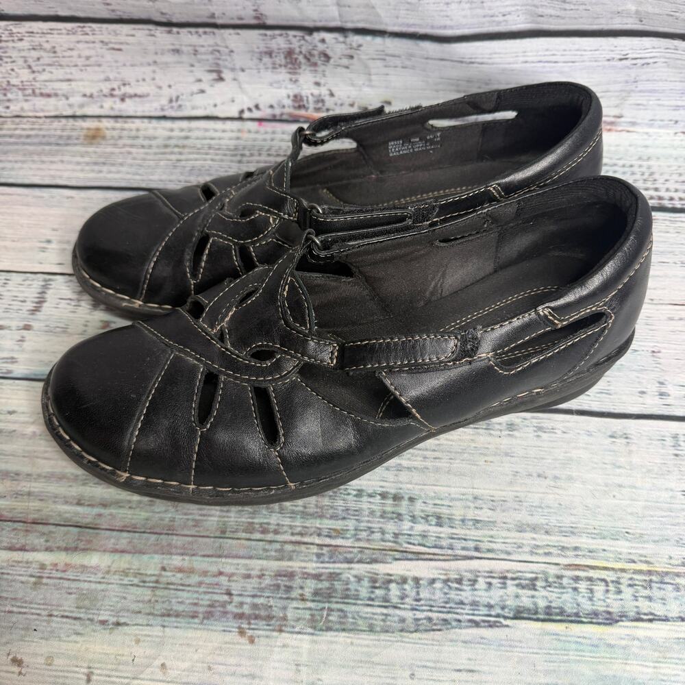 Clarks Bendables Women's 10M Black Leather Fisherman Mary Jane Comfort Shoes